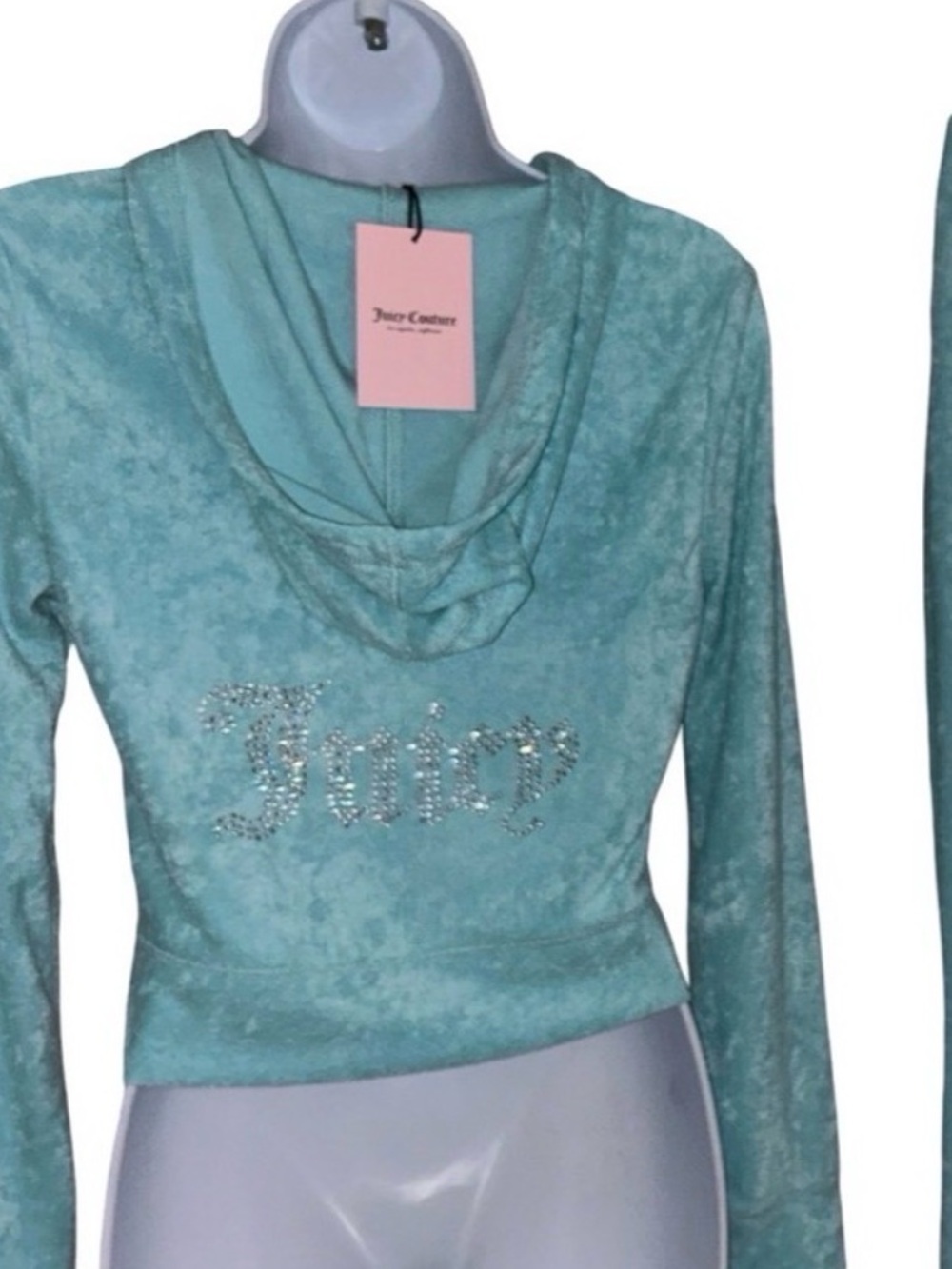 JUICY COUTURE CRYSTAL BLUE RHINESTONE TERRY CLOTH ZIP UP CROPPED HOODIE NWT